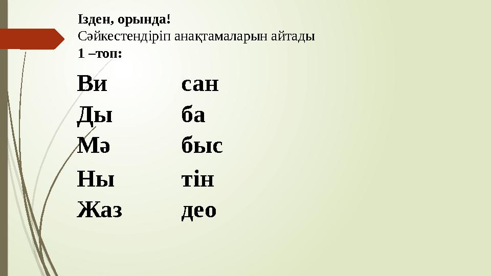 Ізден, орында! Сәйкестендіріп анақтамаларын айтады 1 –топ: Ви сан Ды ба Мә быс Ны тін Жаз део Ізден, орында! Сәйкестендіріп анақтамаларын айтады 1 –топ: Ви сан Ды ба Мә быс Ны тін Жаз део
