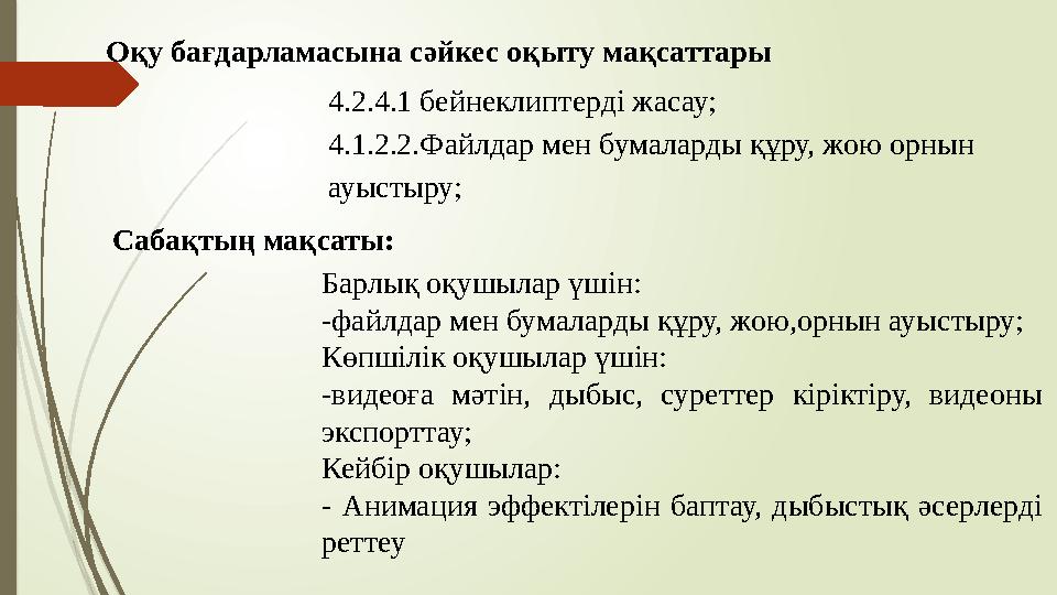Оқу бағдарламасына сәйкес оқыту мақсаттары 4.2.4.1 бейнеклиптерді жасау; 4.1.2.2.Файлдар мен бумаларды құру, жою ор Оқу бағдарламасына сәйкес оқыту мақсаттары 4.2.4.1 бейнеклиптерді жасау; 4.1.2.2.Файлдар мен бумаларды құру, жою ор