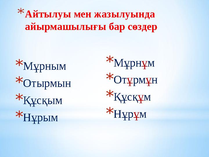 *Айтылуы мен жазылуында айырмашылығы бар сөздер *Мұрным *Отырмын *Құсқым *Нұрым *Мұрнұм *Отұрмұн *Құсқұм *Нұрұм