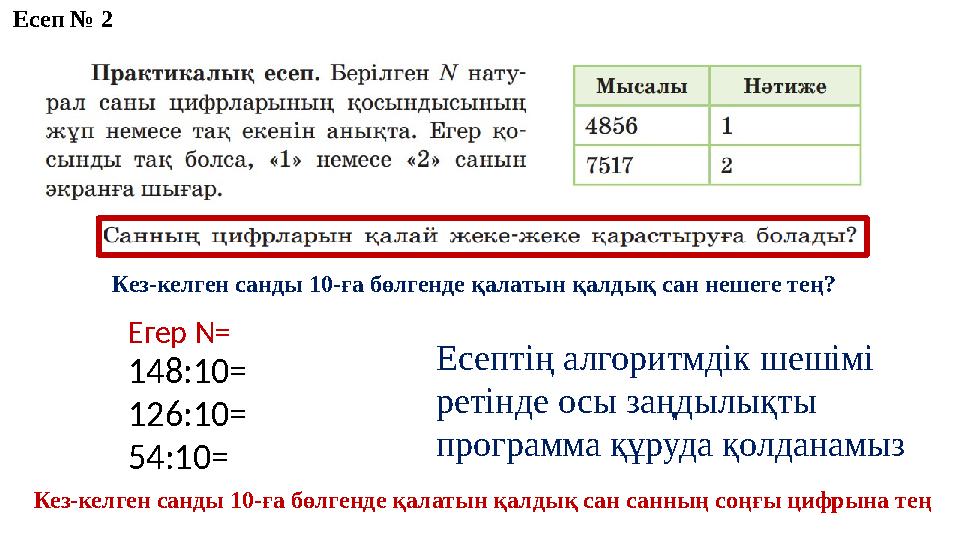 Есеп № 2 Кез-келген санды 10-ға бөлгенде қалатын қалдық сан нешеге тең? 148:10= 126:10= 54:10= Егер N= Есептің алгоритмдік шешім