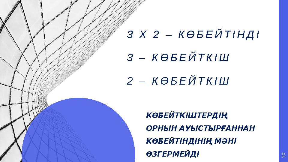 1 0 3 Х 2 – КӨБЕЙТІНДІ 3 – КӨБЕЙТКІШ 2 – КӨБЕЙТКІШ КӨБЕЙТКІШТЕРДІҢ ОРНЫН АУЫСТЫРҒАННАН КӨБЕЙТІНДІНІҢ МӘНІ ӨЗГЕРМЕЙДІ