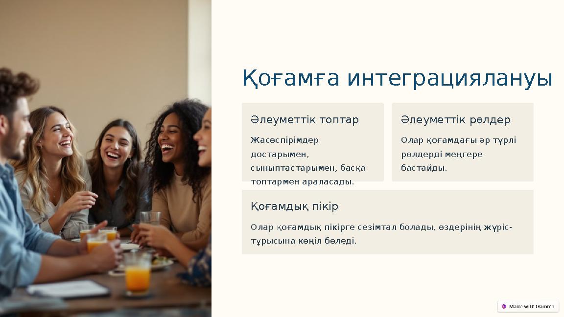 Қоғамға интеграциялануы Әлеуметтік топтар Жасөспірімдер достарымен, сыныптастарымен, басқа топтармен араласады. Әлеуметтік рө