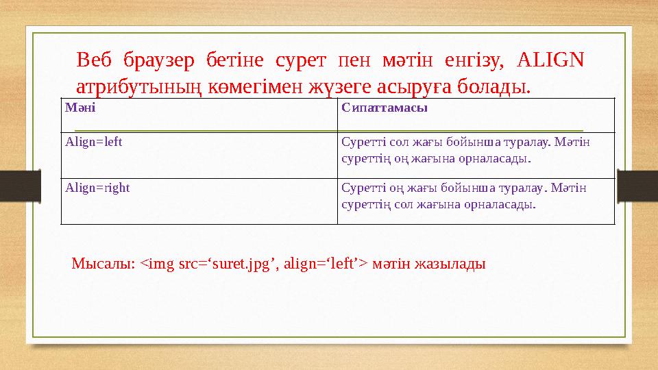 Веб браузер бетіне сурет пен мәтін енгізу, ALIGN атрибутының көмегімен жүзеге асыруға болады. Мәні Сипаттамасы Align=left Сур