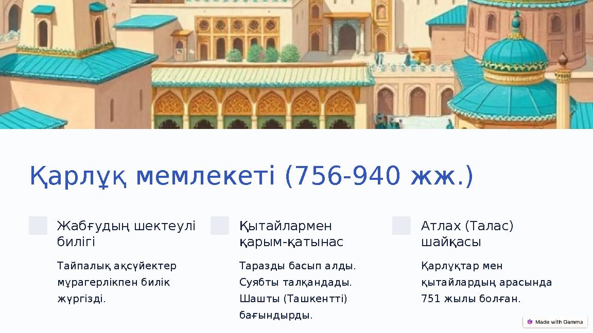 Қарлұқ мемлекеті (756-940 жж.) Жабғудың шектеулі билігі Тайпалық ақсүйектер мұрагерлікпен билік жүргізді. Қытайлармен қарым- Қарлұқ мемлекеті (756-940 жж.) Жабғудың шектеулі билігі Тайпалық ақсүйектер мұрагерлікпен билік жүргізді. Қытайлармен қарым-