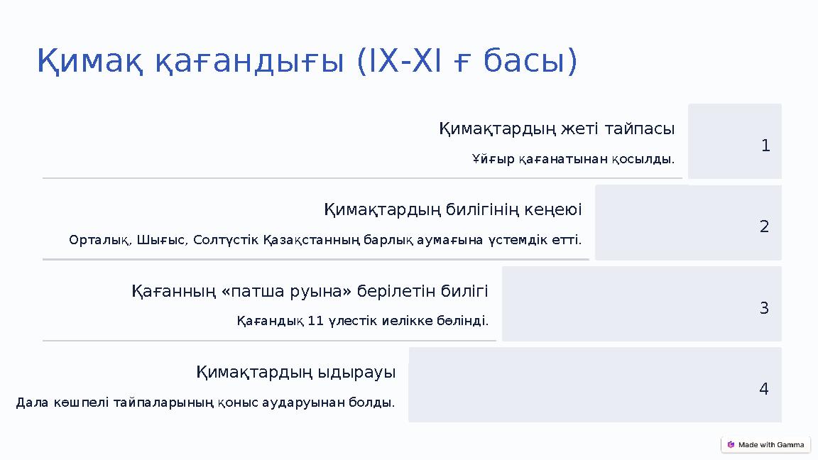 Қимақ қағандығы (ІХ-ХІ ғ басы) 1 Қимақтардың жеті тайпасы Ұйғыр қағанатынан қосылды. 2 Қимақтардың билігінің кеңеюі Орталық, Шығ Қимақ қағандығы (ІХ-ХІ ғ басы) 1 Қимақтардың жеті тайпасы Ұйғыр қағанатынан қосылды. 2 Қимақтардың билігінің кеңеюі Орталық, Шығ