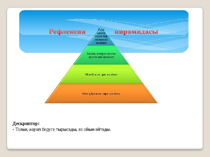 Дескриптор: - Толық жауап беруге тырысады, өз ойын айтады.