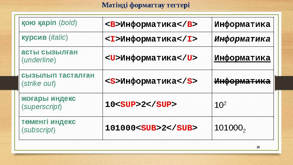 10 Мәтінді форматтау тегтері қою қаріп (bold) <B>Информатика</B> Информатика курсив (italic) <I>Информатика</I> Информатика асты