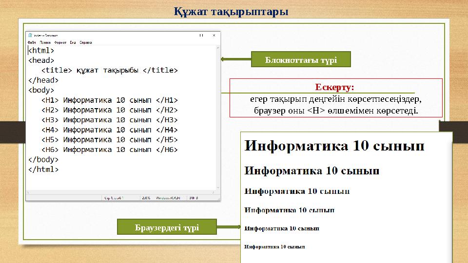 Блокноттағы түрі Браузердегі түрі Құжат тақырыптары Ескерту: егер тақырып деңгейін көрсетпесеңіздер, браузер оны <H> өлшемімен