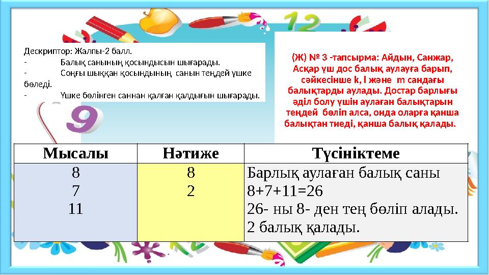 (Ж) № 3 -тапсырма: Айдын, Санжар, Асқар үш дос балық аулауға барып, сәйкесінше k, l және m сандағы балықтарды аулады. Достар