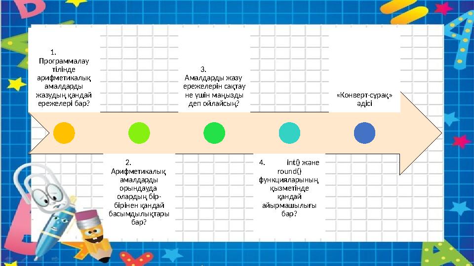 1. Программалау тілінде арифметикалық амалдарды жазудың қандай ережелері бар? 2. Арифметикалық амалдарды орындауда ола
