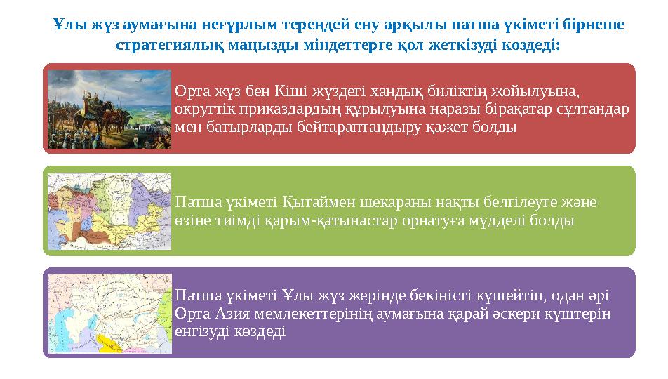 Ұлы жүз аумағына неғұрлым тереңдей ену арқылы патша үкіметі бірнеше стратегиялық маңызды міндеттерге қол жеткізуді көздеді: Орт