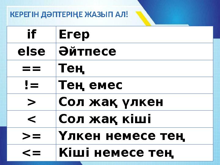 КЕРЕГІН ДӘПТЕРІҢЕ ЖАЗЫП АЛ! ifЕгер elseӘйтпесе == Тең !=Тең емес > Сол жақ үлкен < Сол жақ кіші >= Үлкен немесе тең <= Кіші неме