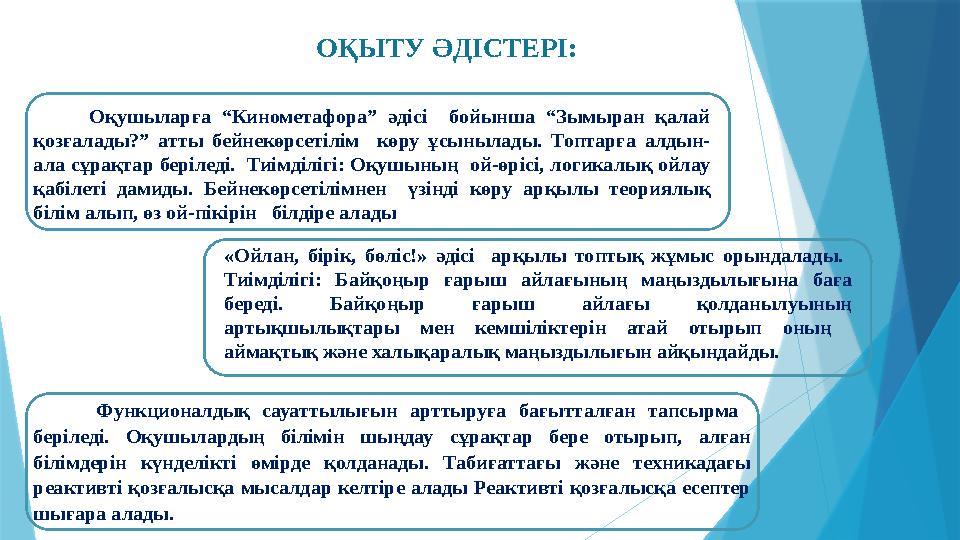 Оқушыларға “Кинометафора” әдісі бойынша “Зымыран қалай қозғалады?” атты бейнекөрсетілім көру ұсынылады. Топ