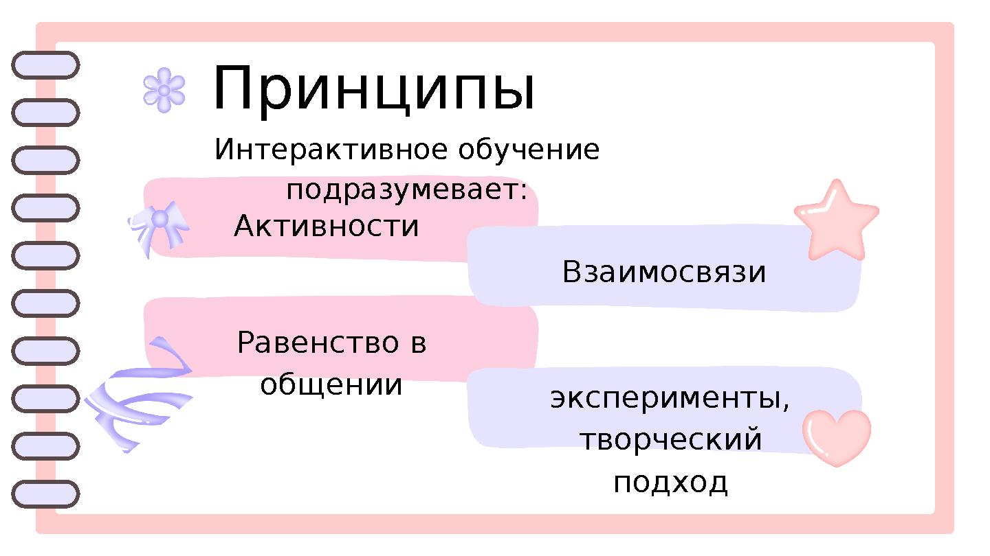 Принципы Равенство в общении Взаимосвязи Интерактивное обучение подразумевает: Активности эксперименты, творческий подход
