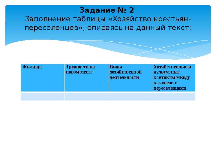 Жилища Трудности на новом месте Виды хозяйственной деятельности Хозяйственные и культурные контакты между казахами и пе