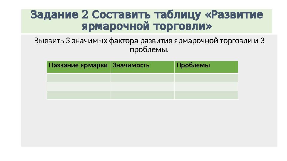2 « Задание Составитьтаблицу Развитие » ярмарочнойторговли Выявить 3 значимых фактора развития ярмарочной торговли и 3 проб