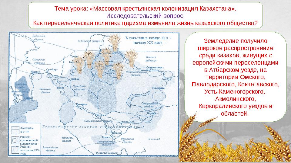 Тема урока: «Массовая крестьянская колонизация Казахстана». Исследовательский вопрос: Как переселенческая политика царизма измен