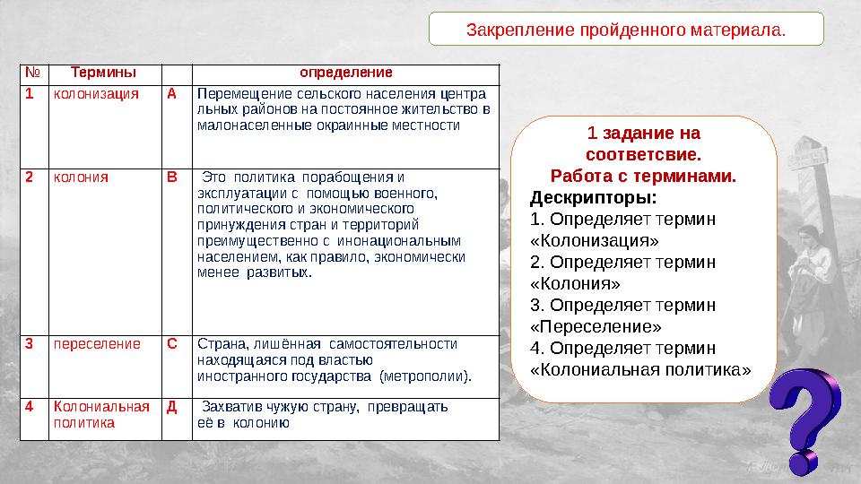 Закрепление пройденного материала. 1 задание на соответсвие. Работа с терминами. Дескрипторы: 1. Определяет термин «Колонизаци