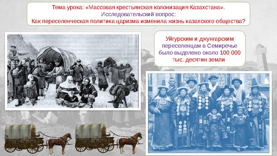 Тема урока: «Массовая крестьянская колонизация Казахстана». Исследовательский вопрос: Как переселенческая политика царизма измен