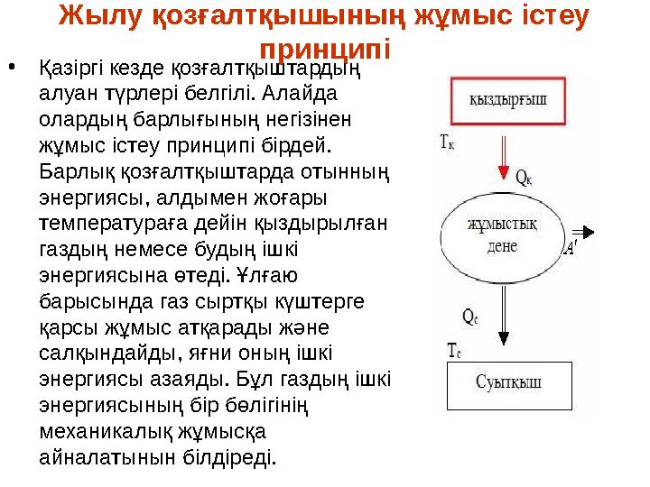 Жылу қозғалтқышының жұмыс істеу принципі •Қазіргі кезде қозғалтқыштардың алуан түрлері белгілі. Алайда олардың барлығының нег