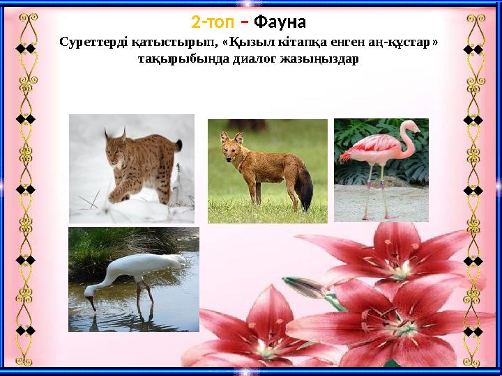 2-топ – Фауна Суреттерді қатыстырып, «Қызыл кітапқа енген аң-құстар» тақырыбында диалог жазыңыздар