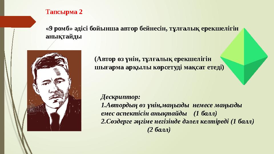 Тапсырма 2 «9 ромб» әдісі бойынша автор бейнесін, тұлғалық ерекшелігін анықтайды (Автор өз үнін, тұлғалық ерекше