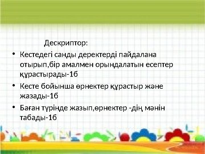 Дескриптор: •Кестедегі санды деректерді пайдалана отырып,бір амалмен орындалатын есептер құрастырады-1б •Кесте