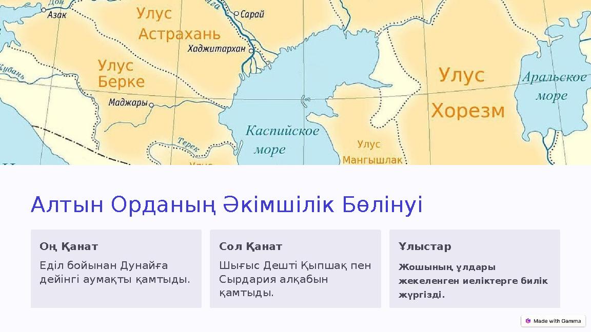 Алтын Орданың Әкімшілік Бөлінуі Оң Қанат Еділ бойынан Дунайға дейінгі аумақты қамтыды. Сол Қанат Шығыс Дешті Қыпшақ пен Сырдар Алтын Орданың Әкімшілік Бөлінуі Оң Қанат Еділ бойынан Дунайға дейінгі аумақты қамтыды. Сол Қанат Шығыс Дешті Қыпшақ пен Сырдар
