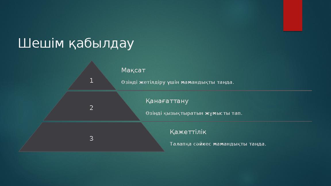 Шешім қабылдау 1 Мақсат Өзіңді жетілдіру үшін мамандықты таңда. 2 Қанағаттану Өзіңді қызықтыратын жұмысты тап. 3 Қажеттілік Та