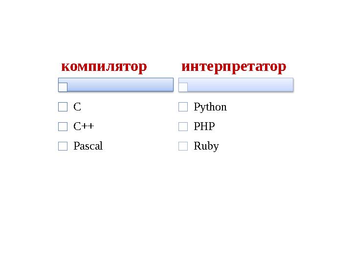 компилятор С С++ Pascal интерпретатор Python PHP Ruby компилятор С С++ Pascal интерпретатор Python PHP Ruby