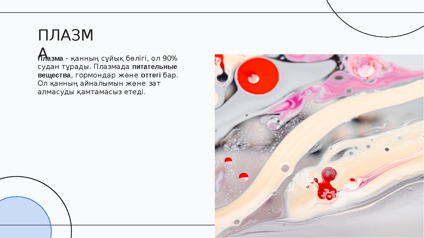Плазма - қанның сұйық бөлігі, ол 90% судан тұрады. Плазмада питательные вещества, гормондар және оттегі бар. Ол қанның айнал