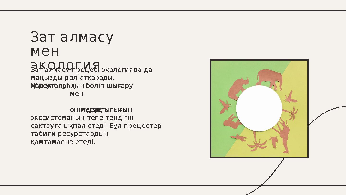 Зат алмасу процесі экологияда да маңызды рөл атқарады. Жануарлардың мен өнімдері экосистеманың тепе-теңдігін сақтауға ықпал е