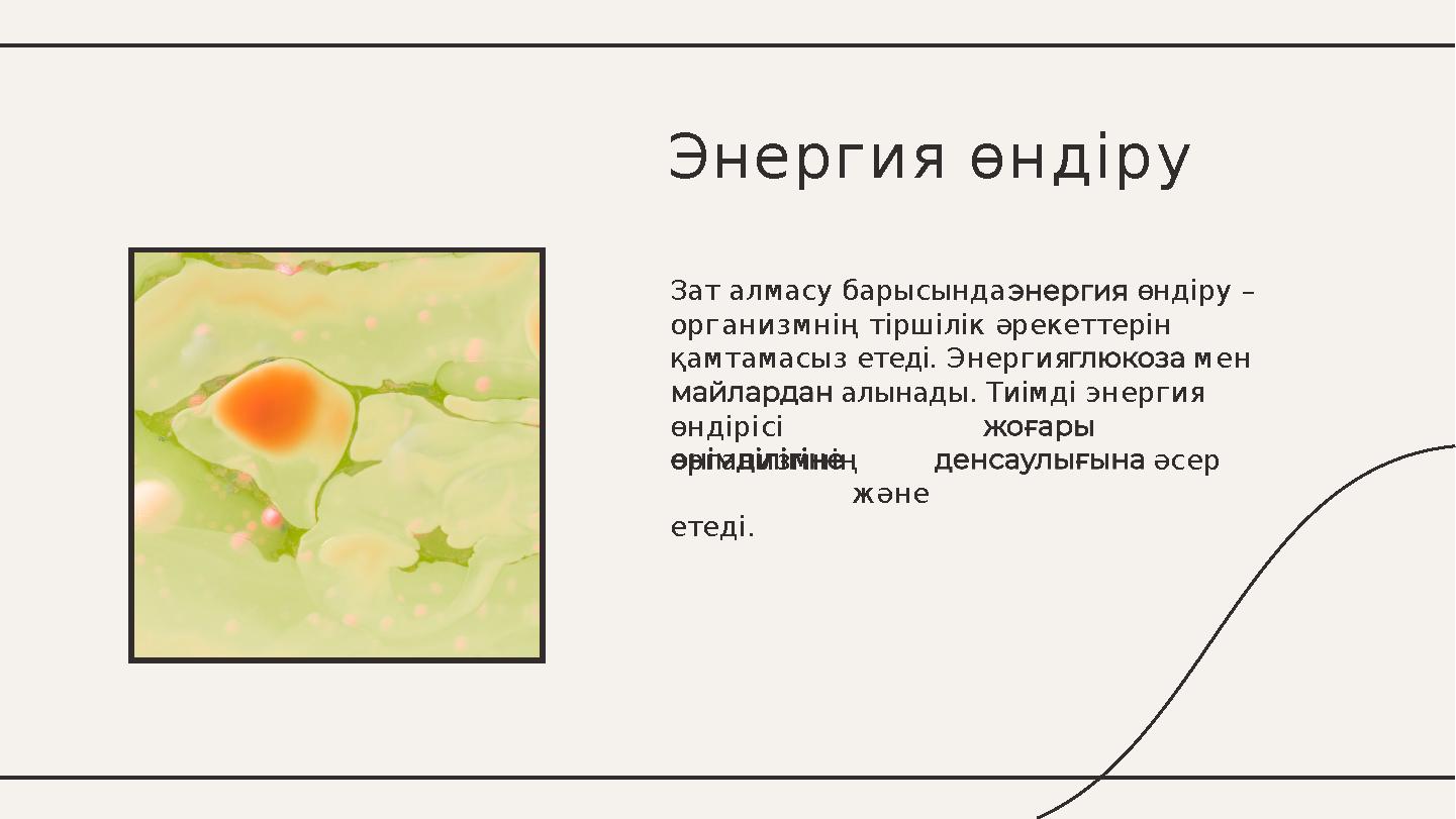 Зат алмасу барысында өндіру – организмнің тіршілік әрекеттерін қамтамасыз етеді. Энергия мен алынады. Тиімді энергия әсер өнді