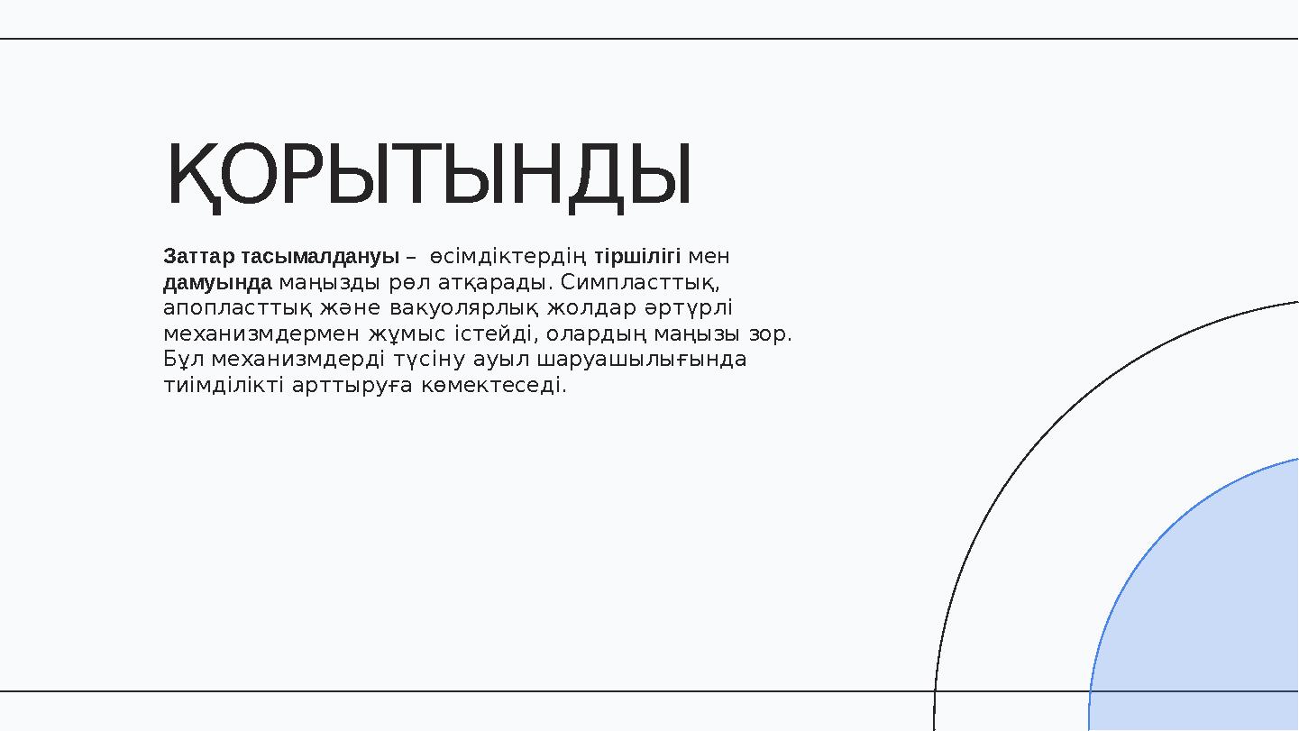 Заттар тасымалдануы – өсімдіктердің тіршілігі мен дамуында маңызды рөл атқарады. Симпласттық, апопласттық және вакуолярлық жо