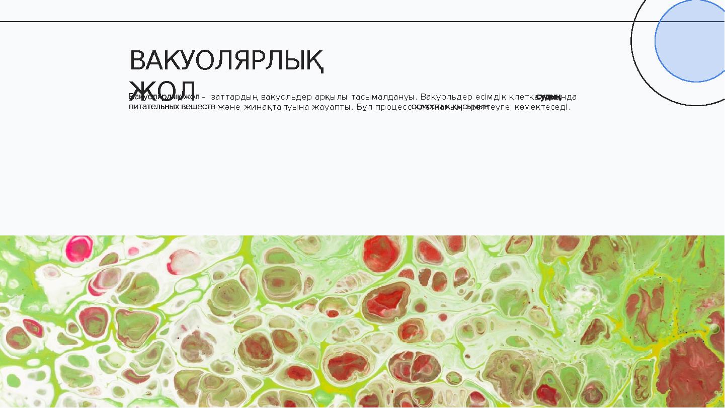 – заттардың вакуольдер арқылы тасымалдануы. Вакуольдер өсімдік клеткаларында және жинақталуына жауапты. Бұл процесс клетканың ре