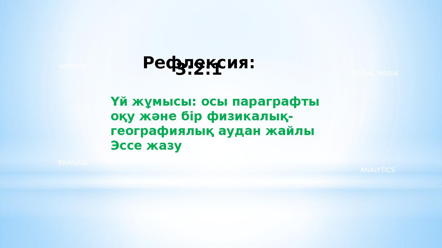 SOCIAL MEDIA WEBSITE BRANING ANALYTICS Рефлексия: 3:2:1 Үй жұмысы: осы параграфты оқу және бір физикалық- географиялық аудан ж