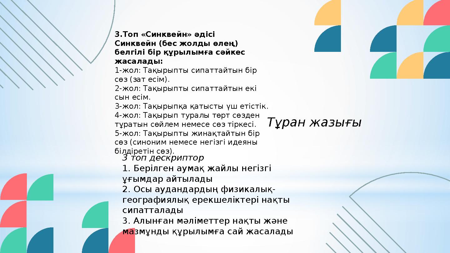 3.Топ «Синквейн» әдісі Синквейн (бес жолды өлең) белгілі бір құрылымға сәйкес жасалады: 1-жол: Тақырыпты сипаттайтын бір сөз