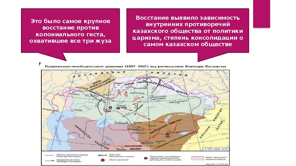 Это было самое крупное восстание против колониального гнста, охватившее все три жуза Восстание выявило зависимость внутренн Это было самое крупное восстание против колониального гнста, охватившее все три жуза Восстание выявило зависимость внутренн