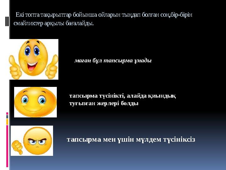 Екі топта тақырыптар бойынша ойларын тыңдап болған соң,бір-бірін смайликтер арқылы бағалайды. маған бұл тапсырма ұнады тапсырм
