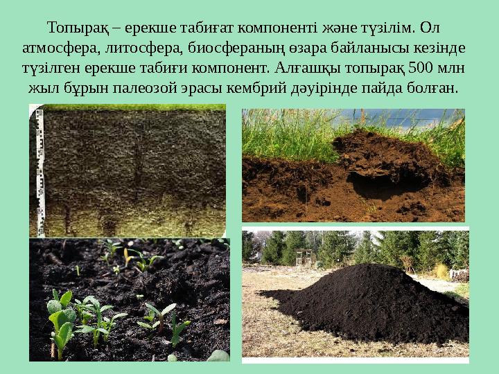 Топырақ – ерекше табиғат компоненті және түзілім. Ол атмосфера, литосфера, биосфераның өзара байланысы кезінде түзілген ерекш