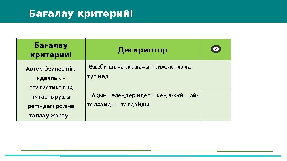 Бағалау критерийі Бағалау критерийі Дескриптор Автор бейнесінің идеялық – стилистикалық тұтастырушы ретіндегі рөліне талда