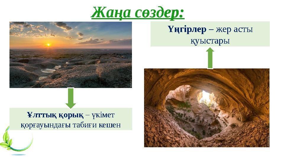 Жаңа сөздер: Ұлттық қорық – үкімет қорғауындағы табиғи кешен Жаңа сөздер: Үңгірлер – жер асты қуыстары Жаңа сөздер: Ұлттық қорық – үкімет қорғауындағы табиғи кешен Жаңа сөздер: Үңгірлер – жер асты қуыстары
