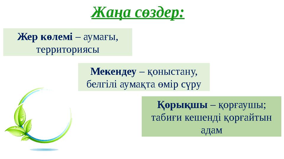 Жаңа сөздер: Жер көлемі – аумағы, территориясы Мекендеу – қоныстану, белгілі аумақта өмір сүру Қорықшы – қорғаушы; табиғи ке Жаңа сөздер: Жер көлемі – аумағы, территориясы Мекендеу – қоныстану, белгілі аумақта өмір сүру Қорықшы – қорғаушы; табиғи ке