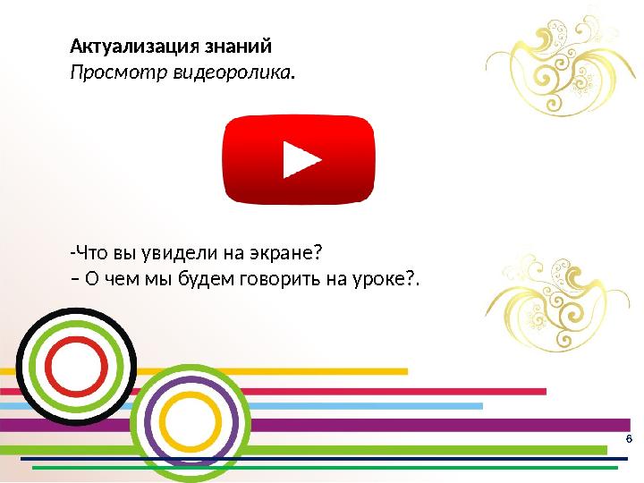 6 Актуализация знаний Просмотр видеоролика. -Что вы увидели на экране? – О чем мы будем говорить на уроке?.