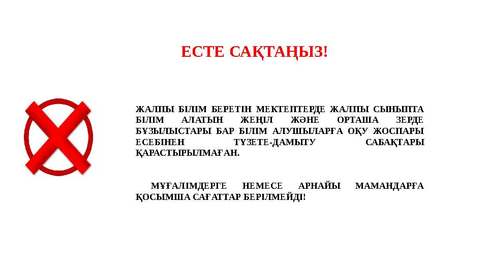 ЖАЛПЫ БІЛІМ БЕРЕТІН МЕКТЕПТЕРДЕ ЖАЛПЫ СЫНЫПТА БІЛІМ АЛАТЫН ЖЕҢІЛ ЖӘНЕ ОРТАША ЗЕРДЕ БҰЗЫЛЫСТАРЫ БАР БІЛІМ АЛУШЫЛАРҒА ОҚУ ЖОСПАР