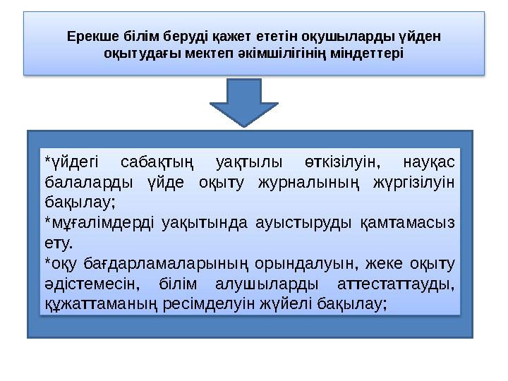Ерекше білім беруді қажет ететін оқушыларды үйден оқытудағы мектеп әкімшілігінің міндеттері *үйдегі сабақтың уақтылы өткізілу