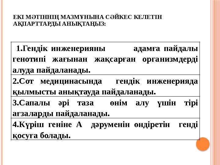 ЕКІ МӘТІННІҢ МАЗМҰНЫНА СӘЙКЕС КЕЛЕТІН АҚПАРТТАРДЫ АНЫҚТАҢЫЗ: 1.Гендік инженерияны адамға пайдалы генотипі жағына