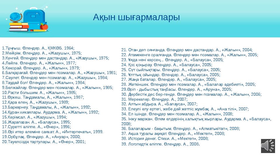 1.Тұңғыш. Өлеңдер. А., ҚМКӘБ. 1964; 2.Мейірім. Өлеңдер. А., «Жазушы», 1975; 3.Күнгей. Өлеңдер мен дастандар. А., «Жазушы», 19