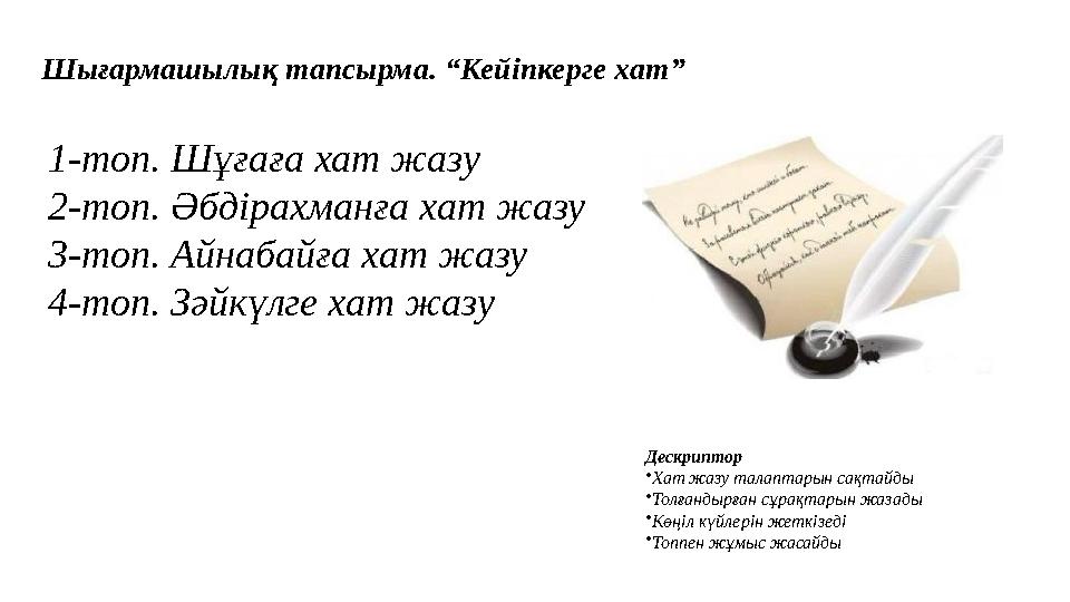 Шығармашылық тапсырма. “Кейіпкерге хат” Дескриптор •Хат жазу талаптарын сақтайды •Толғандырған сұрақтарын жазады •Көңіл күйлерін