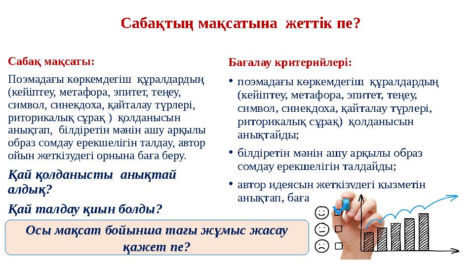 Сабақтың мақсатына жеттік пе? Сабақ мақсаты: Поэмадағы көркемдегіш құралдардың (кейіптеу, метафора, эпитет, теңеу, символ, с Сабақтың мақсатына жеттік пе? Сабақ мақсаты: Поэмадағы көркемдегіш құралдардың (кейіптеу, метафора, эпитет, теңеу, символ, с